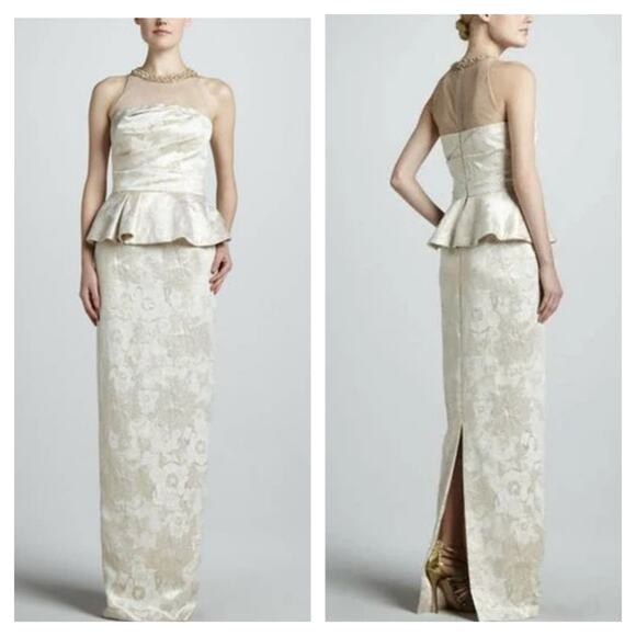 David Meister Sleeveless Illusion Peplum Gown Dress Gold Cream 2